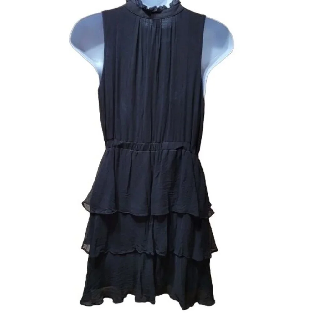 Anthropologie Ya Da Women’s Size  Medium Black Silk Dress Ruffle Collar Layered - Picture 4 of 5